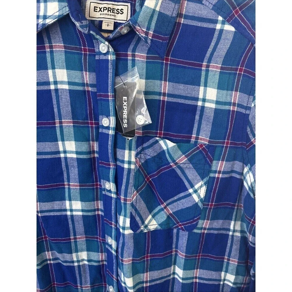 Express Women’s S Plaid Boyfriend Flannel Blue Purple Button Down NWT - Picture 4 of 6